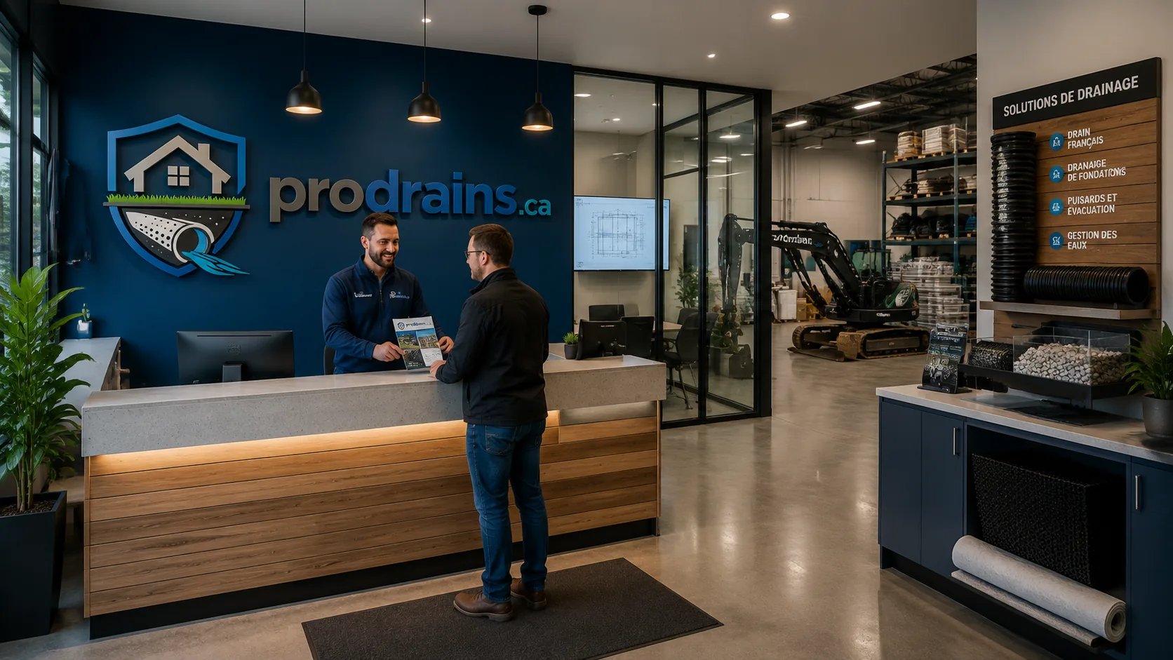 Comptoir d'accueil d'une entreprise de drainage avec présentation des solutions